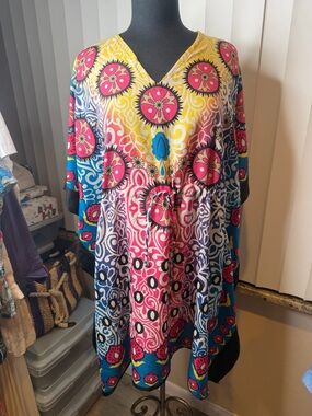 Exist Vivid Floral Multi-Color V-Neck Women’s Tunic kaftan Cover up One Size NEW